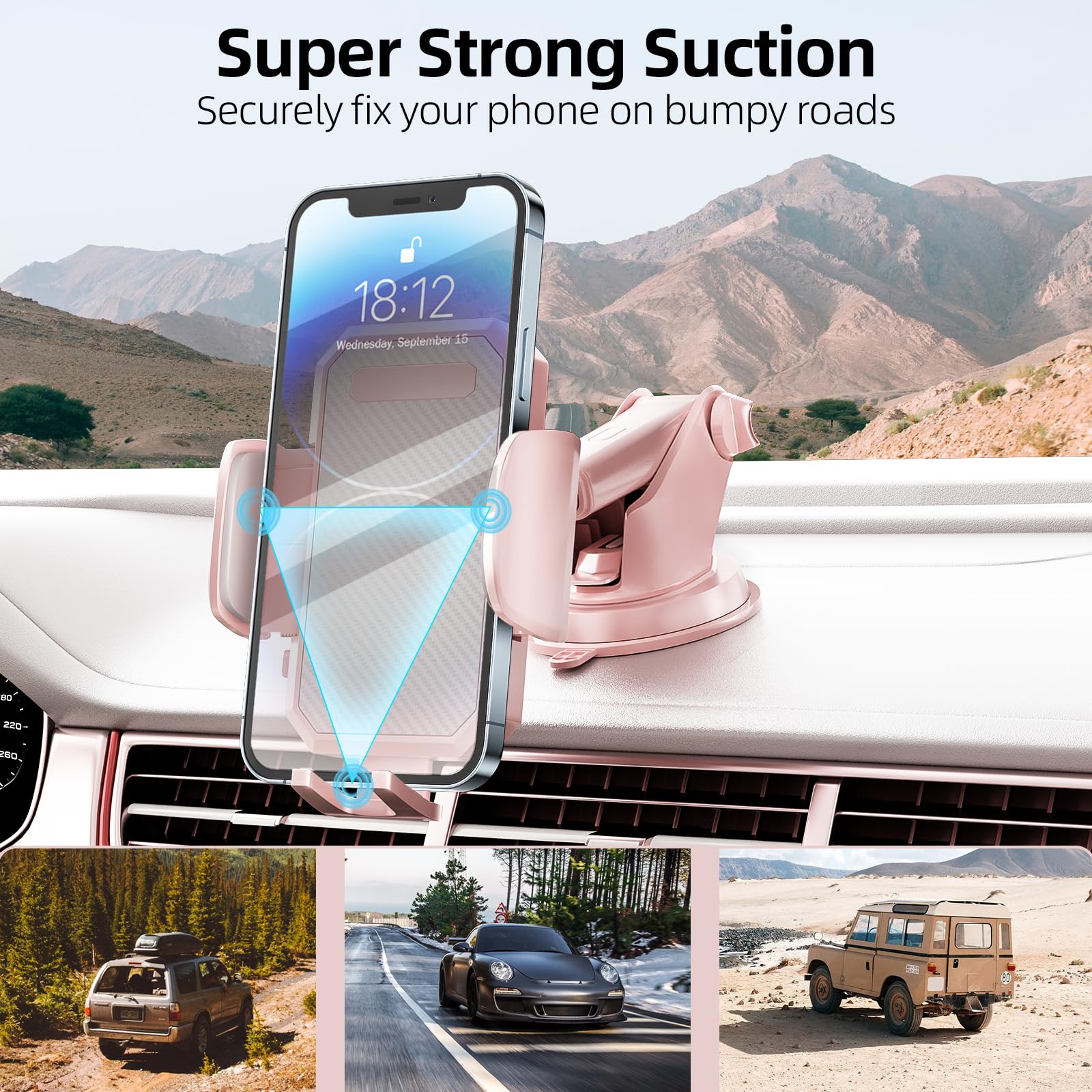 FBB 3-in-1 Phone Mount for car, Diamond Stickers Freely DIY, Sturdy & Secure Long Arm Suction Cup Holder Universal Car Dashboard Windshield Air Vent Car Phone Holder Compatible with All Smartphones