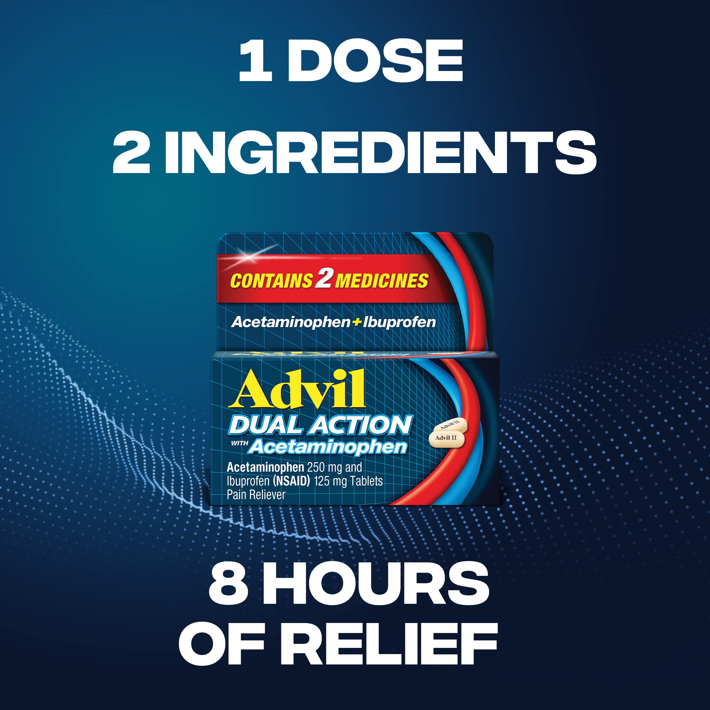 Advil Dual Action With Acetaminophen And Ibuprofen (2 Dose Equivalent) For 8 Hour Pain Relief, Coated 144 Ct Caplets And 2 Ct. Sample Of Advil PM
