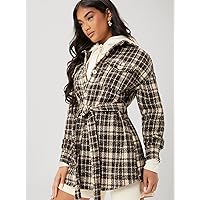 Jackets for Women Drop Shoulder Plaid Tweed Belted Overcoat Jackets for Women (Color : Multicolor, Size : Small)