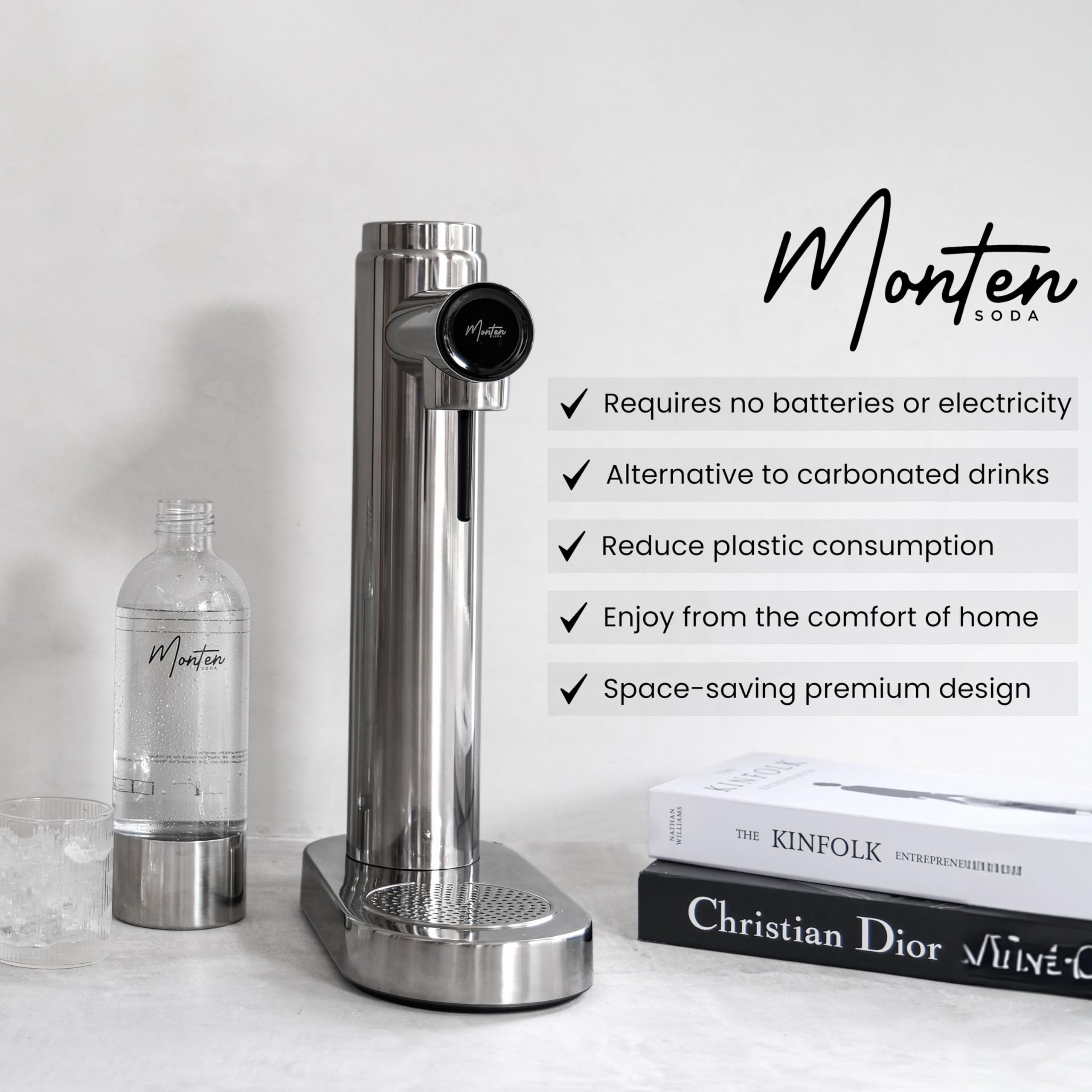 MonTen Soda Sparkling Water Maker - Polished Steel Carbonator for Effortless Fizz - Includes 2x 900ML Bottle - Made with Premium Stainless Steel - Compatible with Sodastream & Soda Sense CO2 Cylinders
