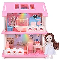 CUTE STONE Doll House, Double-Sided Dollhouse Playset with Light, Doll, Slides and Furniture Accessories, Toddler Playhouse Gift for Girls and Kids.