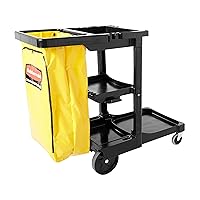 Rubbermaid Commercial Traditional Janitorial 3-Shelf Cleaning Cart, Wheeled with Zippered Yellow Vinyl Bag, for Stores, Schools, and Business, Black , 38.4