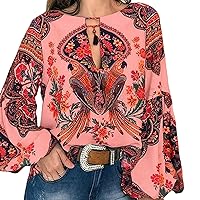 Women's Casual Boho Embroidered Top Loose Floral Beach Shirts Tunic Blouses Printed Totem Long Sleeve Ethnic Style