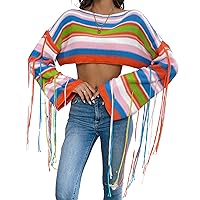 Women's Chic Crochet Boat Neck Rainbow Striped Long Sleeve Crop Sweater with Tassels