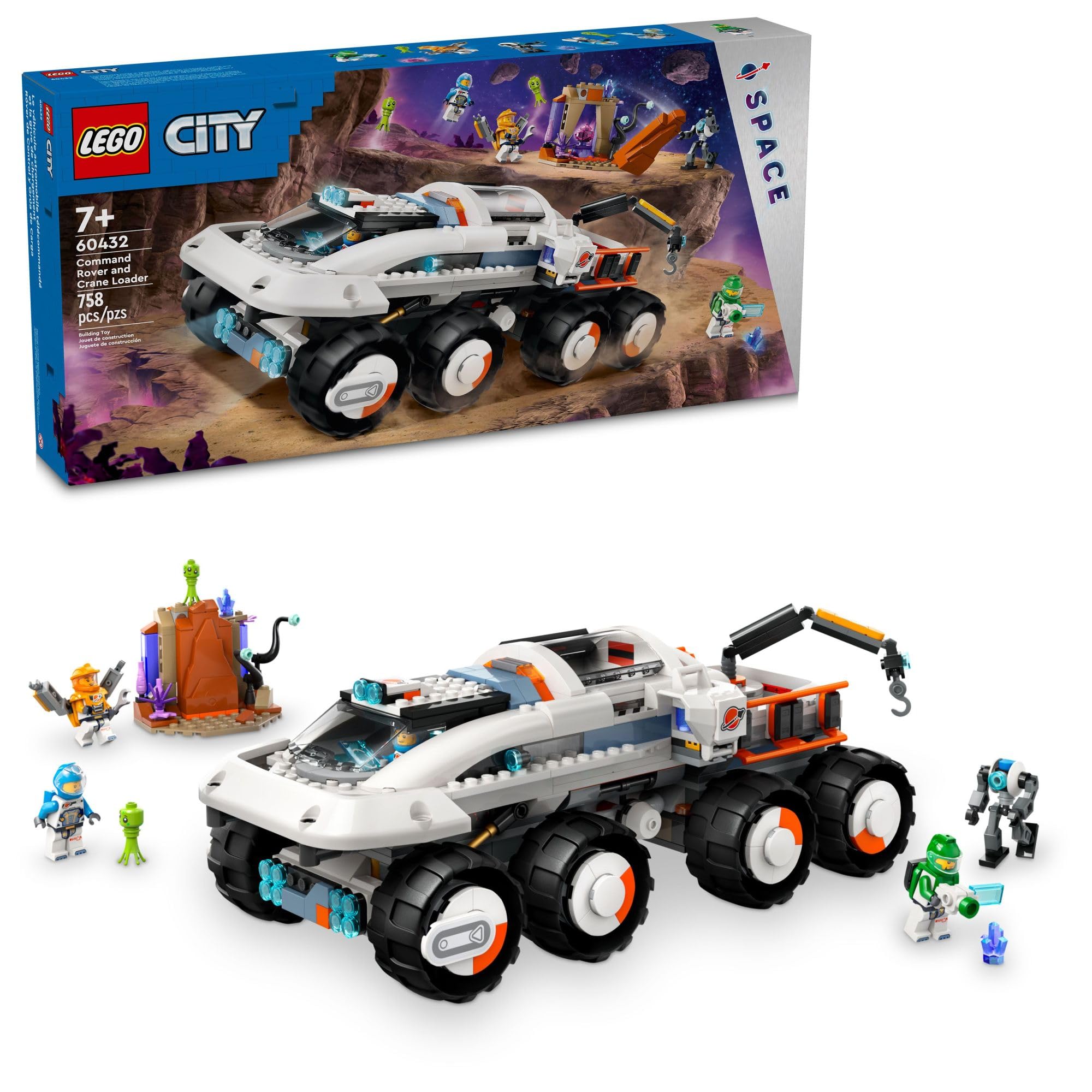 LEGO City Command Rover and Crane Loader Outer Space Toy Building Set, 4 Astronaut Toy Minifigures, Space Robot, 2 Alien Action Figures, Gift for 7 Year Old Boys, Girls, and Kids, 60432