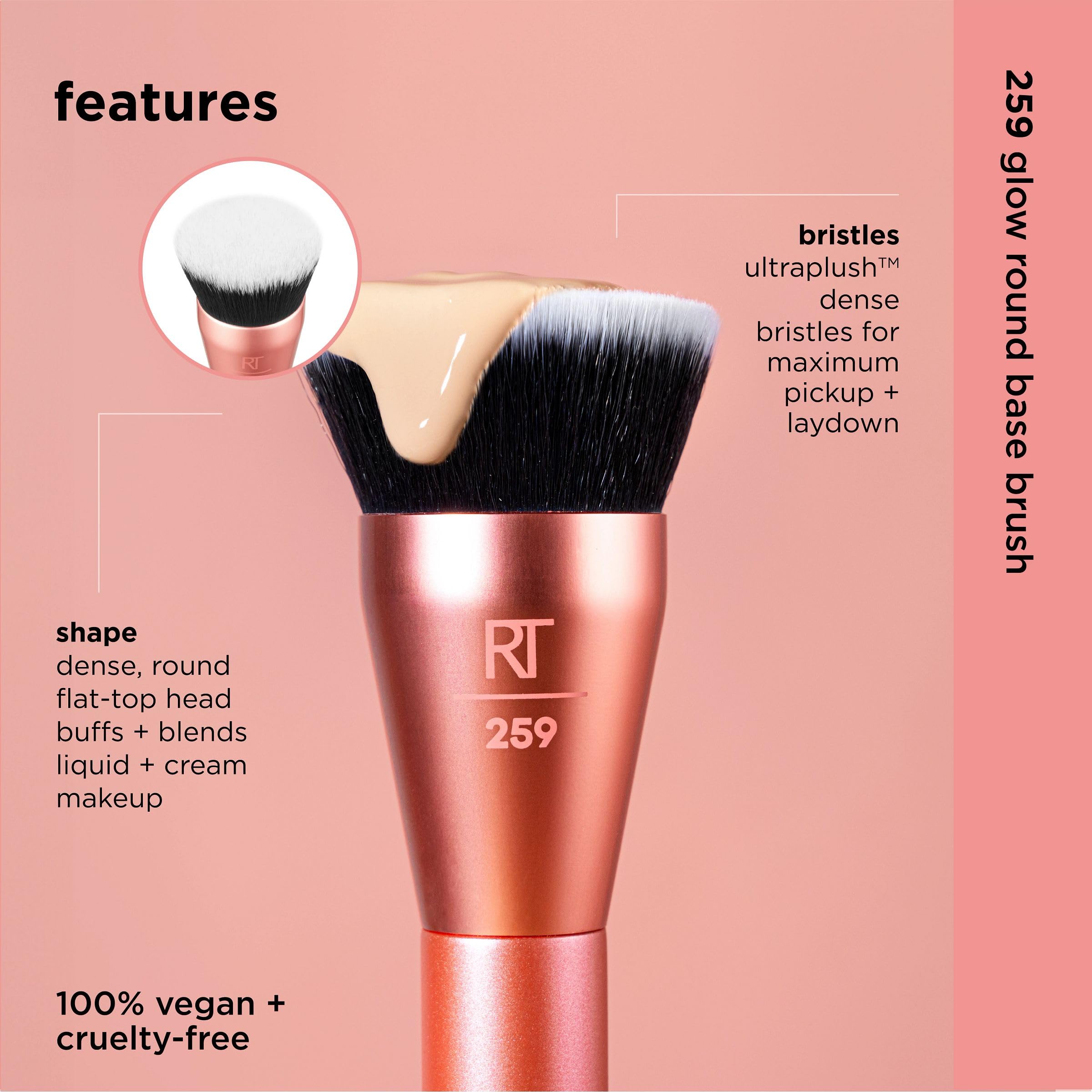 Real Techniques Glow Round Base Makeup Brush, For Liquid & Cream Makeup, Flat Top Foundation Brush For Buffing & Blending, Dense Synthetic Bristles, Vegan & Cruelty Free, 1 Count