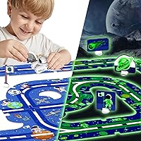 47PCS Cardboard Puzzle Car Track Play Set, Glow in The Dark Puzzle for Toddlers, DIY Assembling Educational Toys Gift for 3 4 5 6 Year-Old Boys Girls - Space Theme