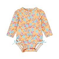 RuffleButts® Girls UPF 50+ Sun Protection Long Sleeve One Piece Swimsuit with Zipper