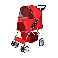 Pet Stroller, 4 Wheels Multifunction Dog Cat Stroller, Folding Portable Travel Stroller with Detachable Carrier, Suitable for Medium Small Dogs Cats, Red