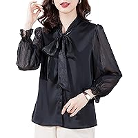 Women's Chiffon Tops Fashion V-Neck Sexy Semi Sheer Lantern Sleeve Black Bow Tie Patchwork Blouses Elegant Work Shirts