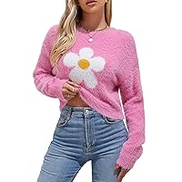 ZAFUL Women's Fuzzy Knit Sweater Floral Daisy Print Long Sleeve Crew Neck Fluffy Casual Pullover Crop Tops