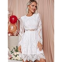Women's Casual Dresses Sheer Insert Scallop Trim Lace Dress Charming Mystery Special Beautiful (Color : White, Size : Medium)