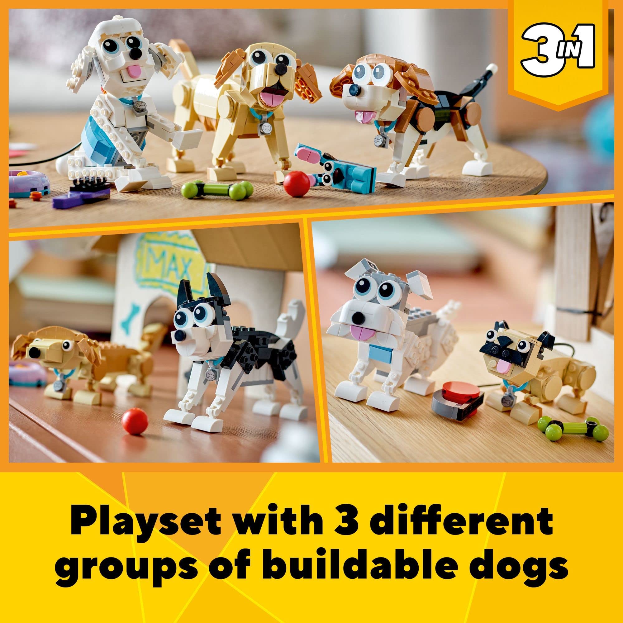 LEGO Creator 3-in-1 Adorable Dogs Building Toy Set 31137, Gift for Dog Lovers, Featuring Dachshund, Beagle, Pug, Poodle, Husky, and Labrador Figures for Kids 7 and Up