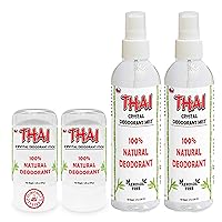 2-Pack Thai Crystal Deodorant Stone (4.25 oz) & 2-Pack Thai Crystal Salt Mist Spray (8 oz) Bundle Natural Unscented Aluminum-Free for Women Men & Teens