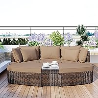 Oversized Outdoor All-Weather Mudular Sunbed Cum Daybed, 6 Pieces Patio Conversation Furniture Sets Functional PE Wicker Rattan Chaise Sofa W/Glass Coffee Table for Lawn, Garden, Backyard, Poolside