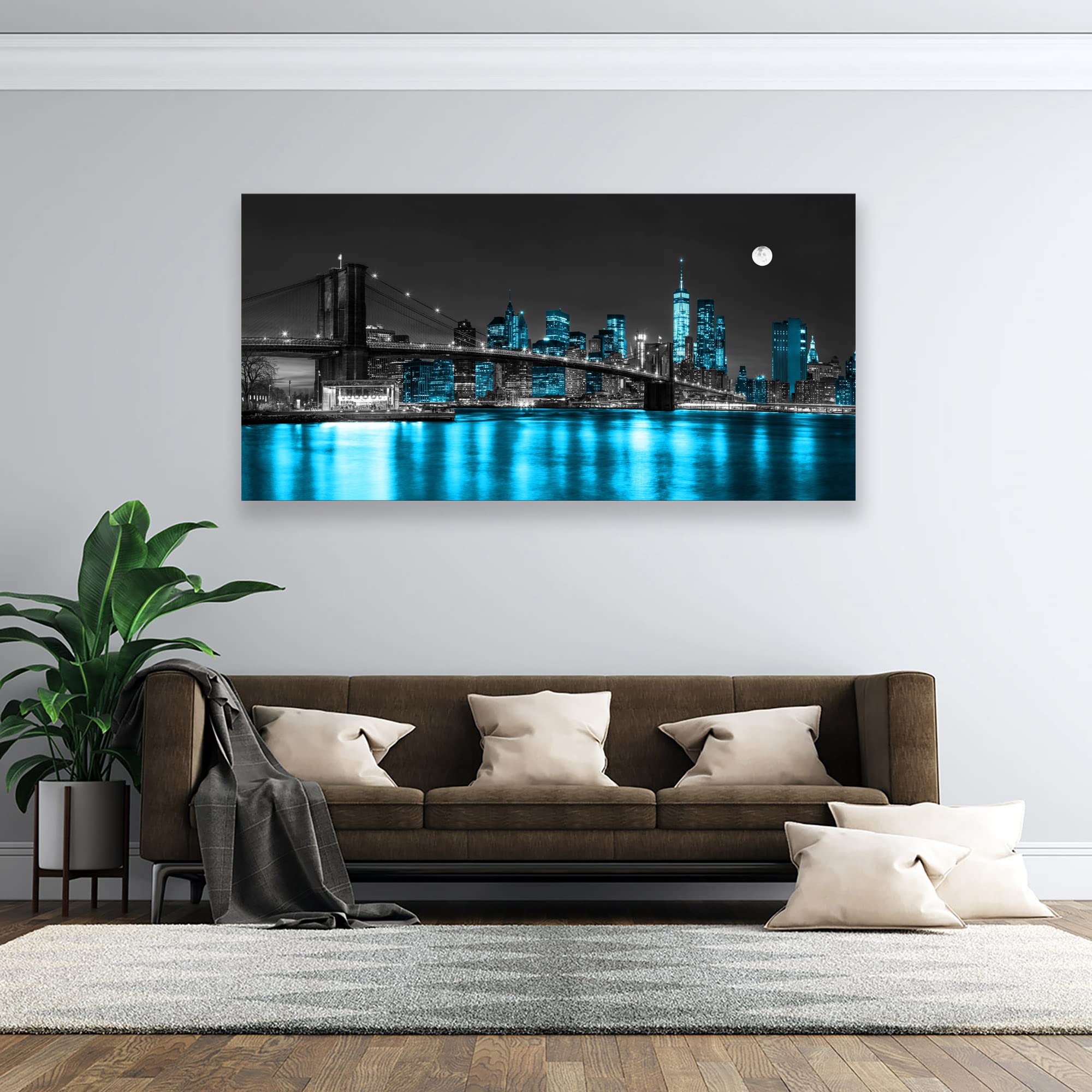 Aibonnly Wall Art Canvas Painting Black White and Blue New York Brooklyn Bridge 1 Piece Cityscape Night Building Skyline Picture Poster Print Framed for Living Room Bedroom Kitchen Office Home Decor