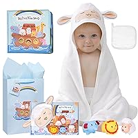 My First Noahs Ark 7 pcs Baptism Gift Set, Dedication, Christening and Baptism Gifts for Boys and Newborn Baby, Includes Washcloth and Hooded Towel, Baby Bath Book, 3 Bath Toys and Gift Bag