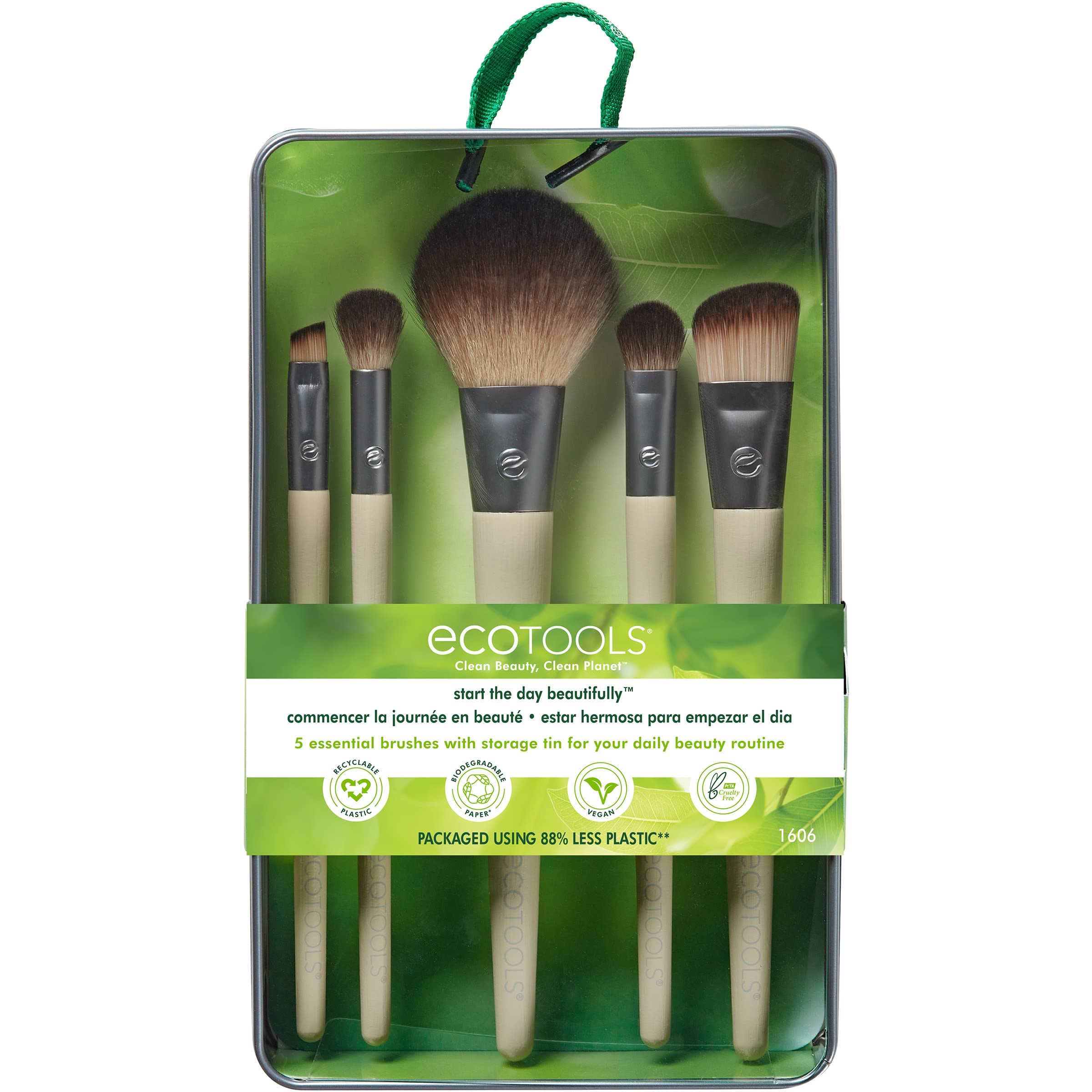 EcoTools Start The Day Beautifully Makeup Brush Kit, For Eyeshadow, Foundation, Blush, & Concealer, With Storage Tray, Travel Friendly Makeup Brush Staples, Eco Friendly, Cruelty Free, 6 Piece Set