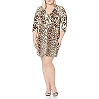 Star Vixen Women's Plus-Size 3/4 Sleeve Fauxwrap Dress, Brown Leopard, 1X
