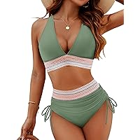 Blooming Jelly Women High Waisted Bikini Sets Tummy Control Swimsuits Color Block Two Piece Drawstring Bathing Suit