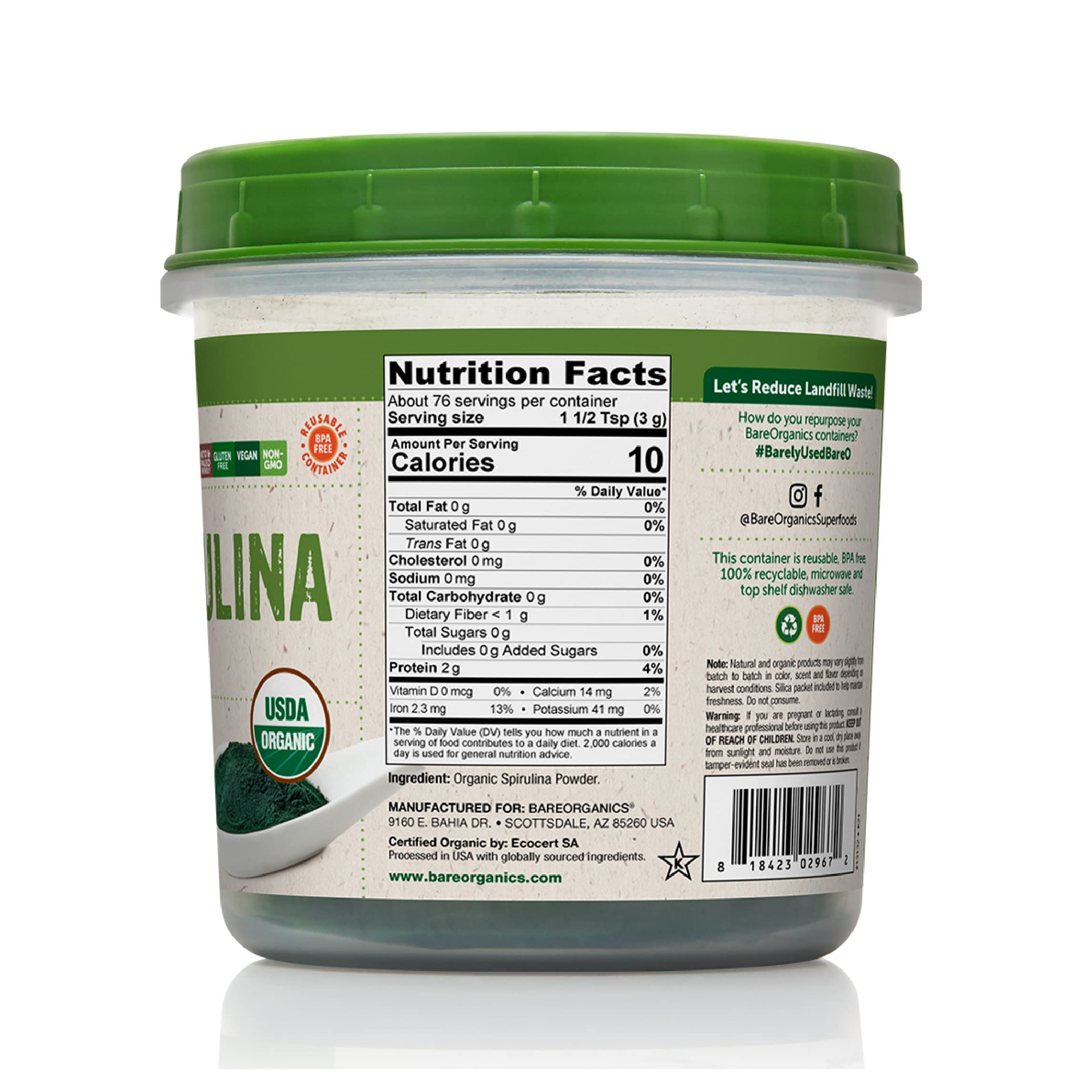 BareOrganics 13132 USDA Organic Raw Spirulina Powder, Whole Food Supplement, Gluten-Free & Non-GMO, 8 Ounce