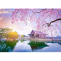 BELECO South Korea Spring Nature Backdrop Fabric 7x5ft Gyeongbokgung Palace Backdrop Seoul Garden Lake Pink Cherry Blossoms Backdrop Asian Themed Party Decorations Artistic Portrait Photo Props