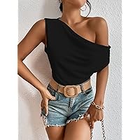 Women's Tops Shirts for Women Sexy Tops for Women Solid Asymmetrical Neck Top Tops (Color : Black, Size : Large)