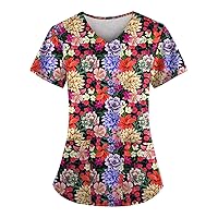 Short Sleeve Tee Womens Tshirt V-Neck Tops Trendy Shirt Workwear 2024 Uniform Casual Blouse Printed with Pocket Tunic