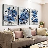 Blue Flowers Canvas Wall Art for Bedroom Home Decor - Artwork for Wall, Abstract Floral Wall Decor Print -Bathroom, Living Room, Kitchen Decor - Ready to Hang 3 Patchwork, 12x16inchx3pcs