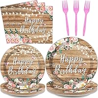 Tevxj 96PCS Pink Floral Birthday Party Plates Wood Grain Flower Tableware Set for Girls Kids Bridal Shower Party Supplies Rustic Wooden Birthday Paper Plates Napkins Forks Decorations for 24 Guests
