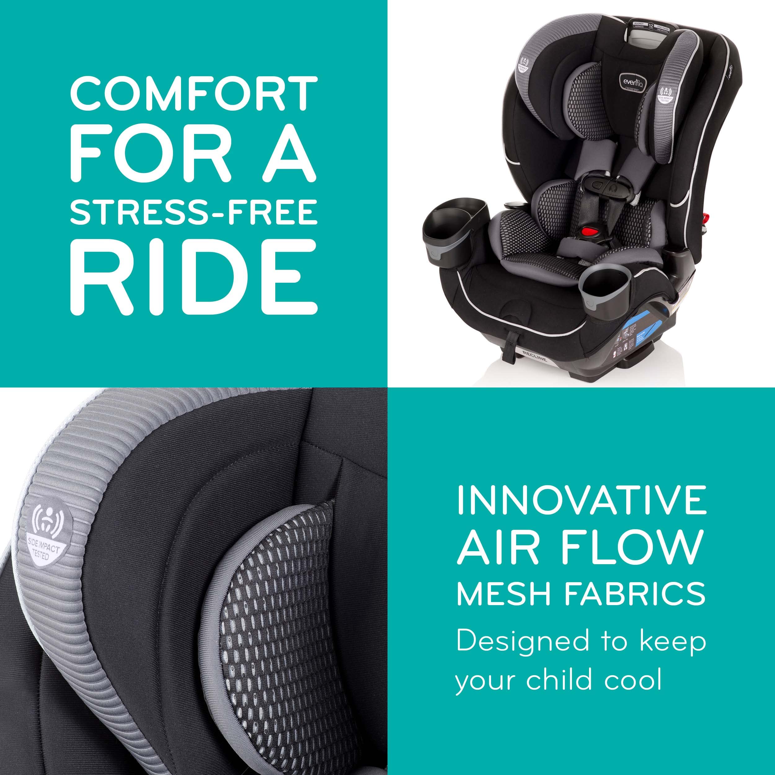 Evenflo EveryFit 4-in-1 Convertible Car Seat Featuring 12-Position Headrest, Two Integrated Cup Holders, Removable Snack Tray, and Machine-Washable Fabric (Olympus Black)