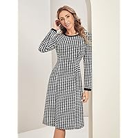 Dresses for Women Women's Dress Houndstooth Print -line Dress Dresses (Color : Black and White, Size : Large)