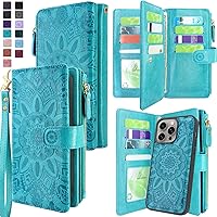 Harryshell Compatible with iPhone 15 Pro Max 6.7 inch 5G 2023 Wallet Case Detachable Removable Phone Cover Zipper Cash Pocket Multi Card Slots Wrist Strap Lanyard (Floral Blue Green)