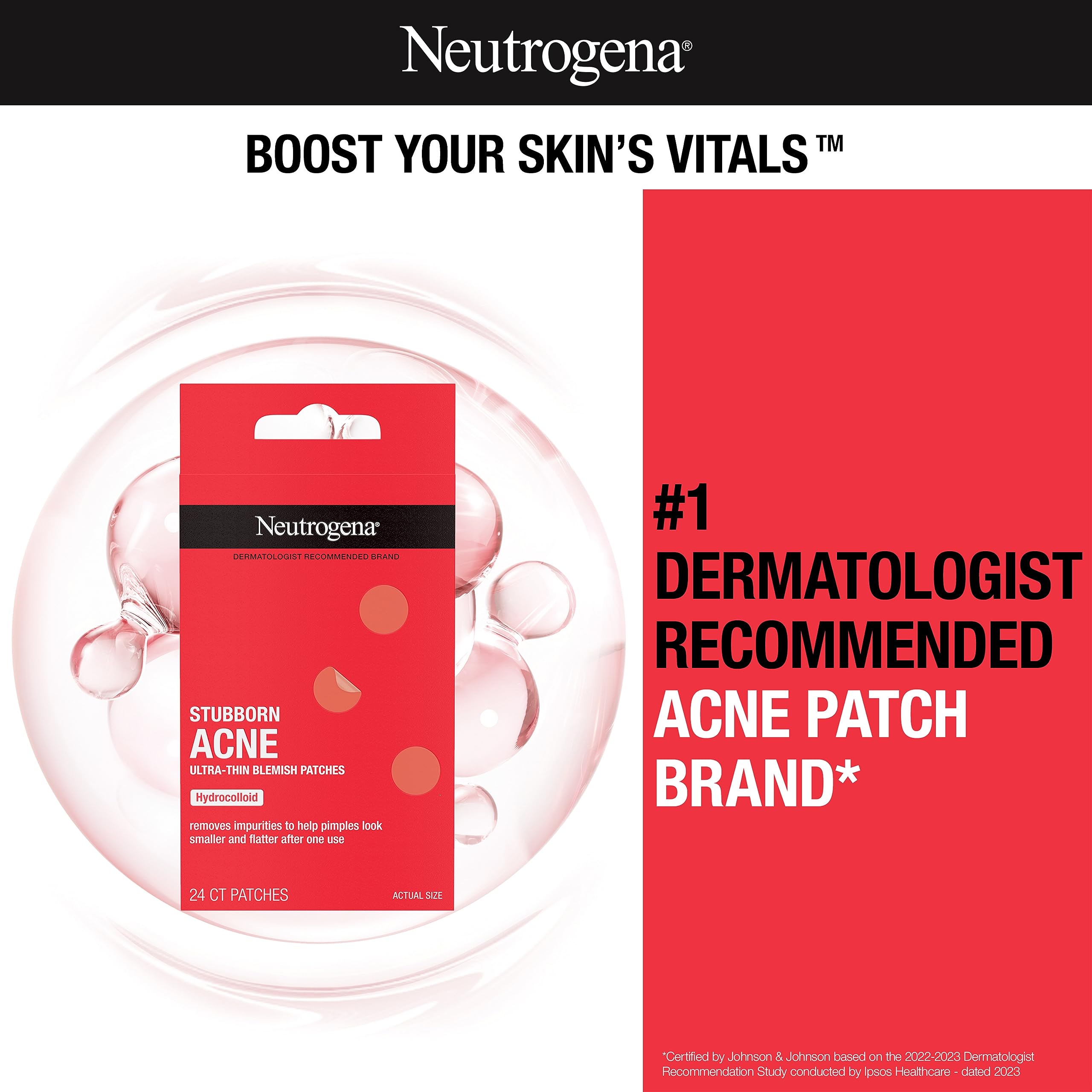 Neutrogena Stubborn Acne Pimple Patches, Acne Treatment for Face, Ultra-Thin Hydrocolloid Spot Stickers Provide Optimal Healing for Pimples, 24 Patches