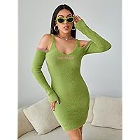 Sweater Dress for Women - Letter Pattern Cold Shoulder Fluffy Knit Sweater Dress (Color : Lime Green, Size : Medium)