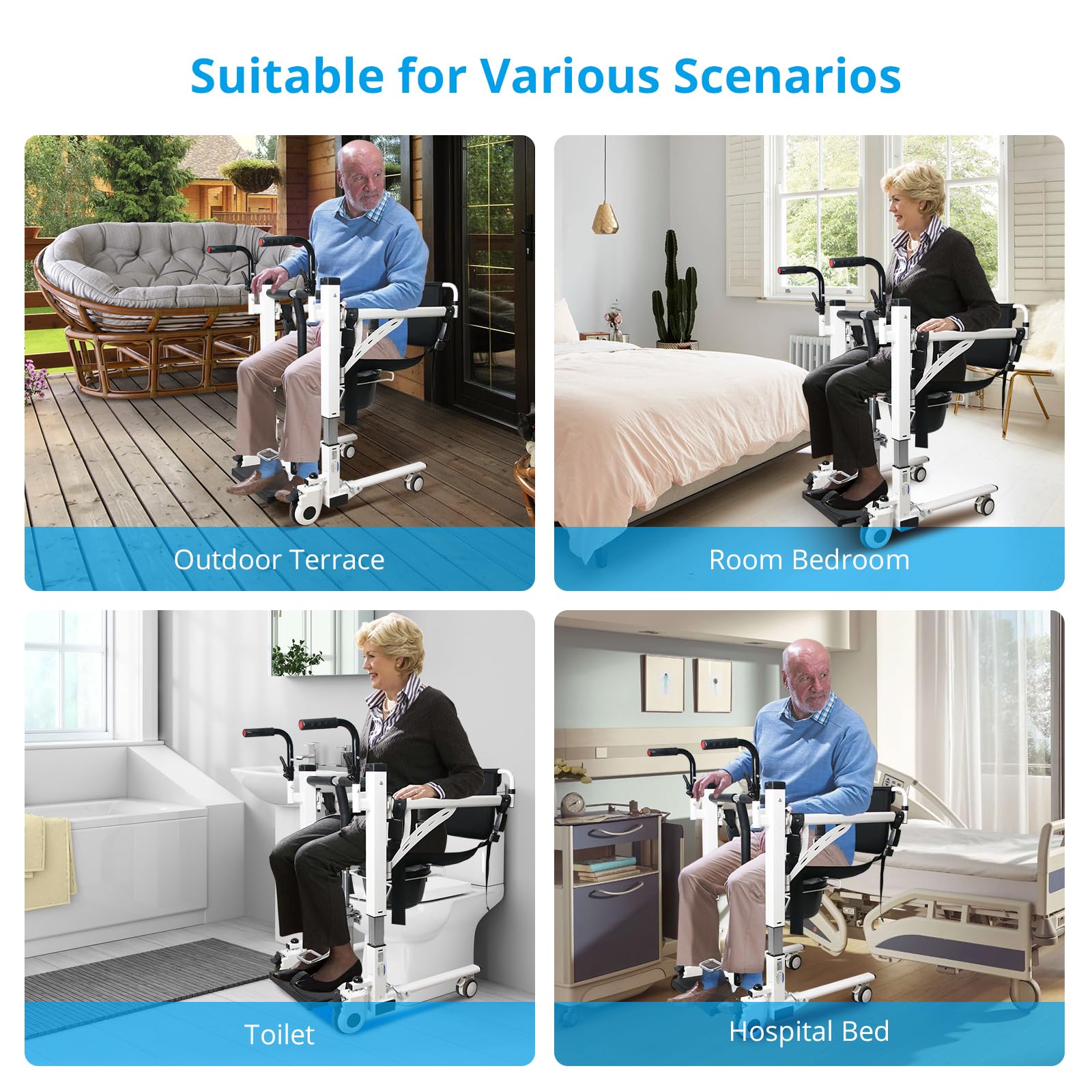 Hydraulic Patient Transfer Lift Chair w/180° Split Seat for Home Multifunctional Transfer Wheelchair w/Backrest and Potty Adjustable Seat Height Shower Chair, Elderly Lift aid Bedside Commode Chair