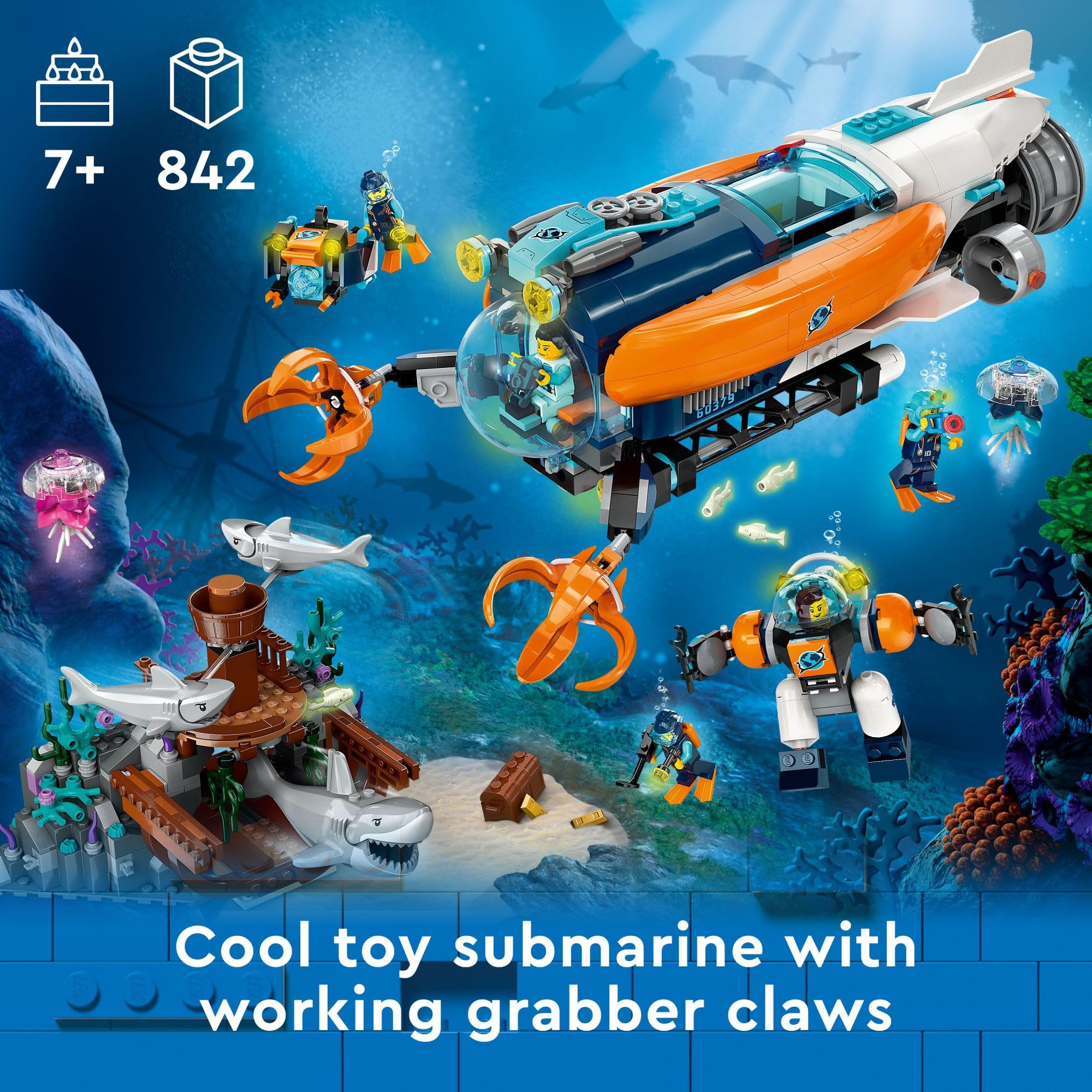 LEGO City Deep-Sea Explorer Submarine 60379 Building Toy Set, Ocean Submarine Playset with Shipwreck Setting, 6 Minifigures and 3 Shark Figures for Imaginative Play, A Gift Idea for Ages 7+