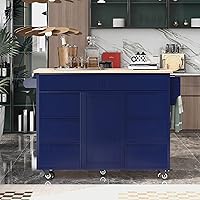 Solid Desktop Store Cart, with Rubber Wood Countertop, Island has 8 Handle-Free Drawers, Including a Flatware Organizer and 5 Wheels, for Dining, Kitchen, Living Room-Dark Blue, 53.15 Inch