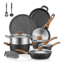 FOHERE Pots and Pans Set with Lids 15 PCS, Aluminum Nonstick Induction Cookware Sets,w/Frying Pans, Saucepans, Stock Pot, Pizza Pan, Griddle Pan, and Food Steamer, Silicone Food Strainer
