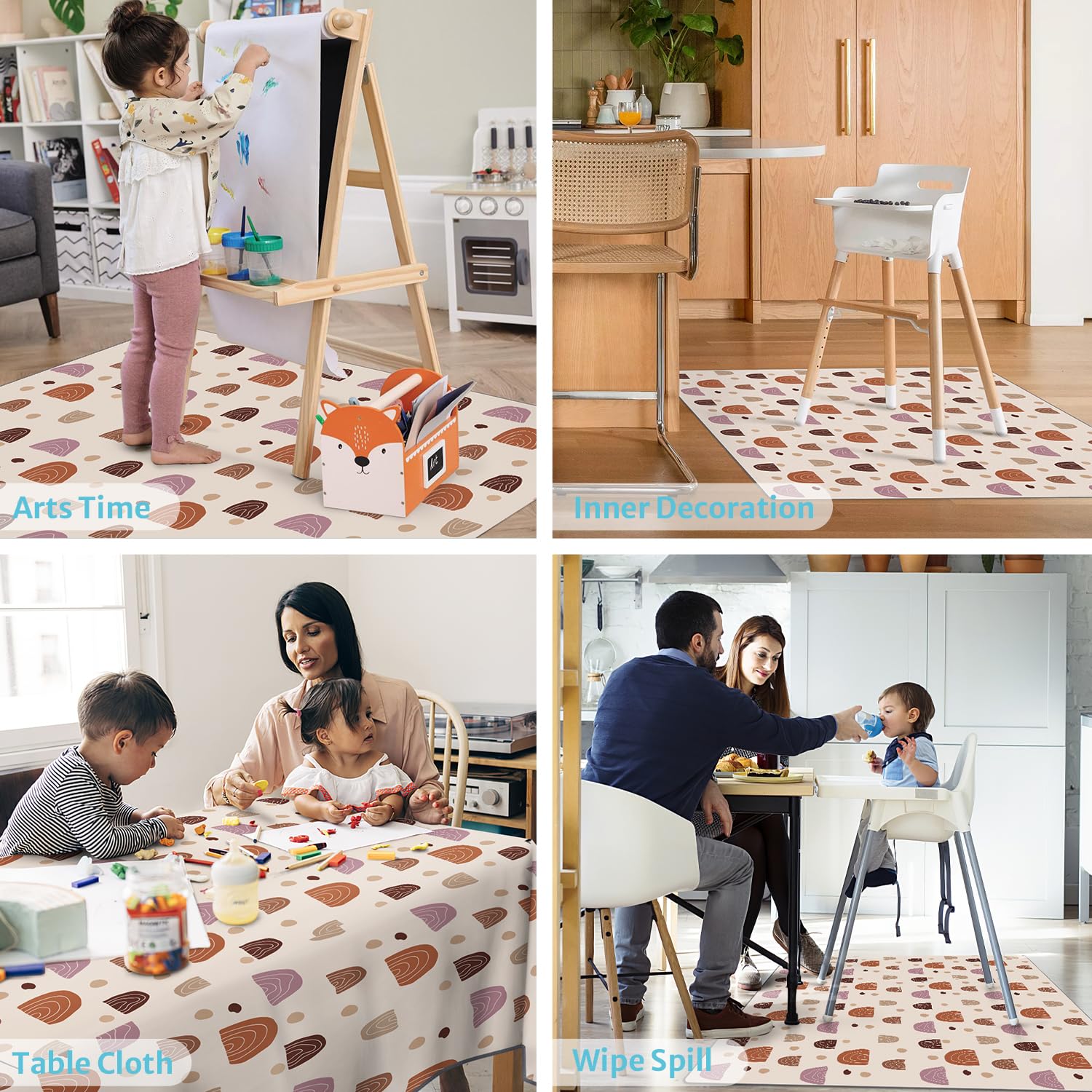 Baby Splat Mat for Under High Chair, 51 x 51 Inch Boho Splash Mat, Waterproof and Washable Spill Mat, Anti-Slip Floor Protector