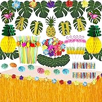 Tropical Luau Party Decoration Pack Hawaiian Beach Theme Party Favors Luau Party Supplies (112 PCS) including Banner, Table Skirt, Straws, Flamingo, Pineapple Décors.
