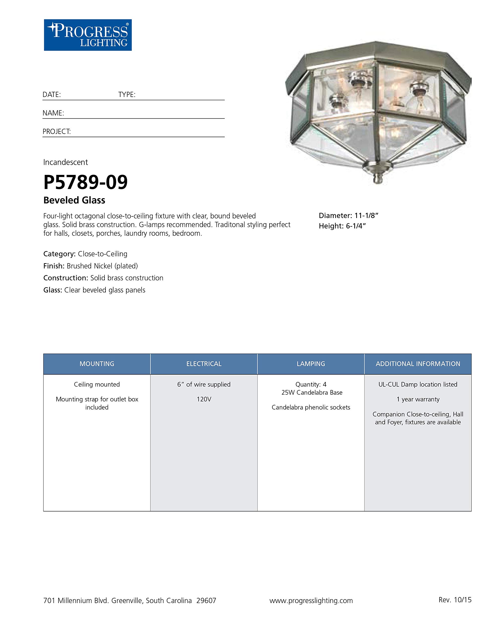 Progress Lighting P5789-09 Octagonal Close-To-Ceiling Fixture with Clear Bound Beveled Glass, Brushed Nickel