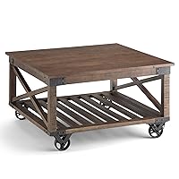 SIMPLIHOME Harding SOLID MANGO WOOD and Metal 32 inch Wide Square Industrial Coffee Table in Distressed Dark Brown, for the Living Room and Family Room