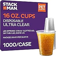 Stack Man [1000 Pack - 16 oz.] Ultra-Clear PET Disposable Plastic Cups - Party Drinking Cups - (Case of 20x50) Great Use for Cold Coffee, Shakes, Smoothies, Juices, Beer, Iced Tea