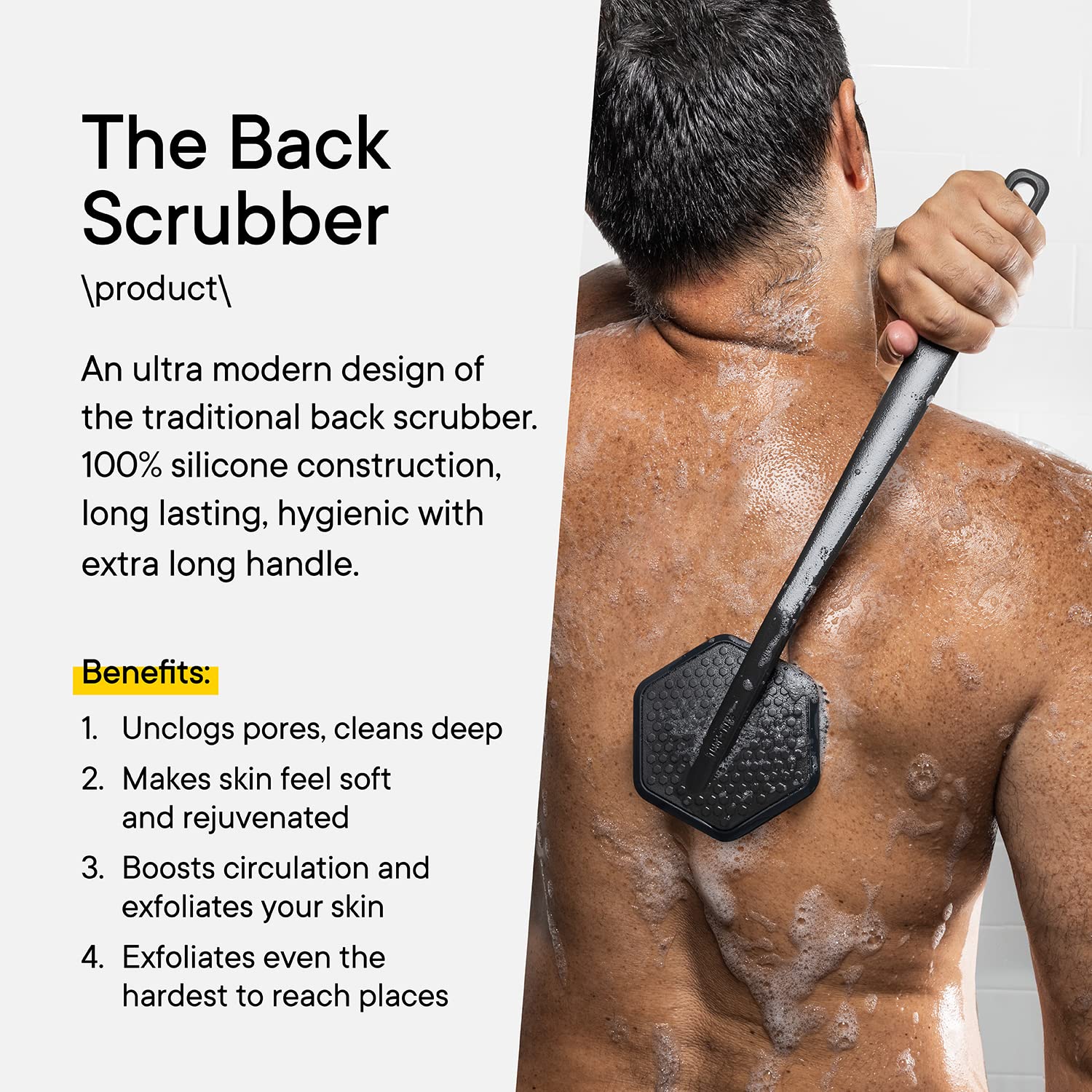 Tooletries - Back Scrubber & Hook - Silicone Long Handle Bath Shower Back Brush, Back Scrubber Body Exfoliator + Removable & Reusable Hook - Charcoal