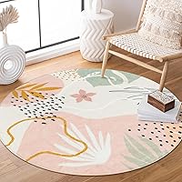 Lahome Pink Round Area Rug - 4Ft Round Rug Washable Non-Slip Small Circle Rug Round Boho Throw Bedroom Rug Low-Pile Soft Cute Round Nursery Girls Room Rug Botanical Print Indoor Rug for Dorm Bathroom