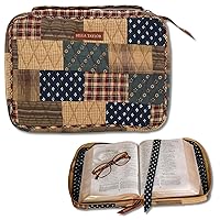 Bella Taylor Bible Cover for Women | Bible Organizer and Carrying Case for Medium and Large Bibles | Quilted Cotton Primitive Patch Navy, Red and Tan Patchwork