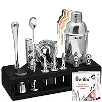 Mixology Bartender Kit Cocktail Shaker Set by Barillio: Drink Mixer Set with Bar Tools, Muddler, Mixing Spoon, Jigger, Strainer, Sleek Black Bamboo Stand & Recipes Booklet