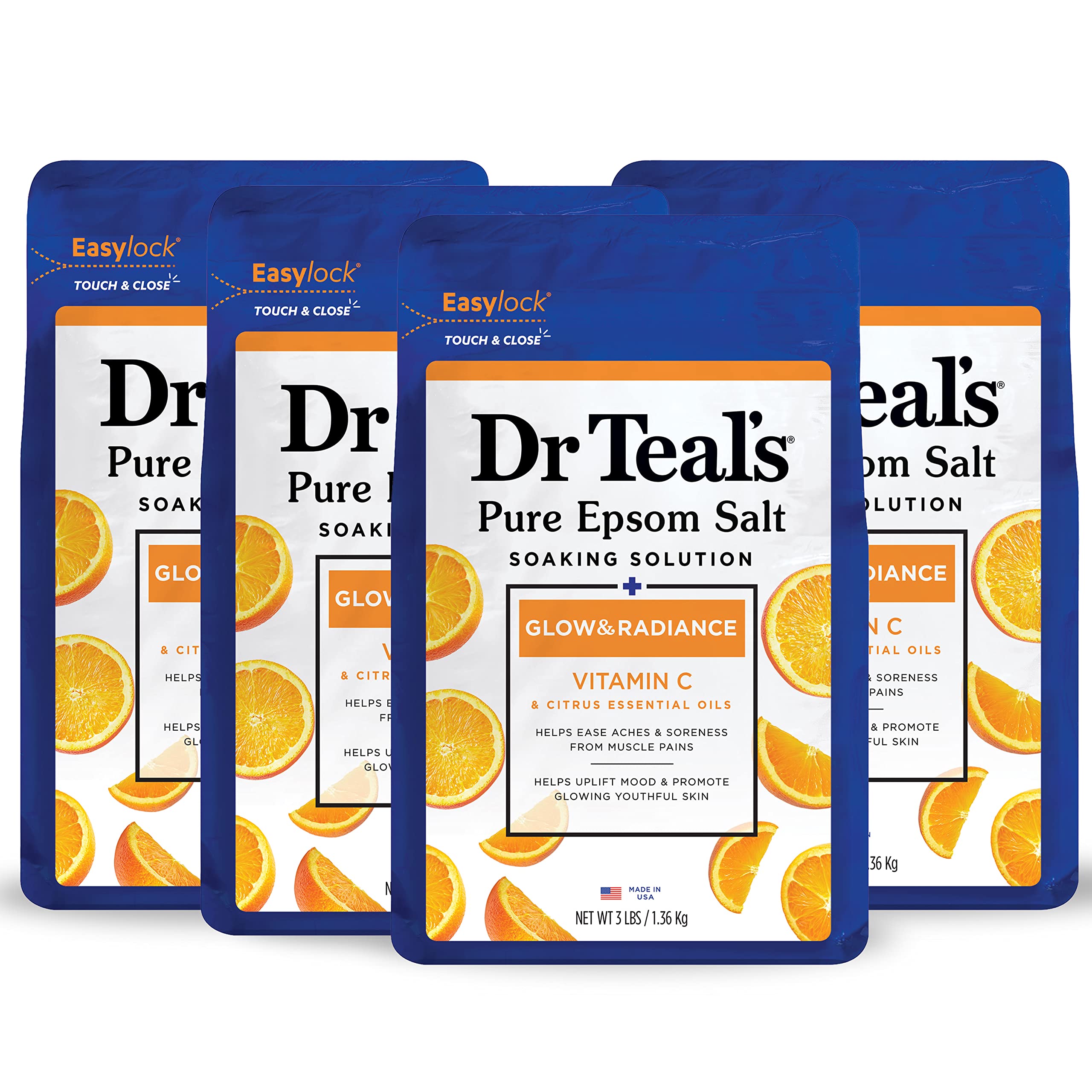 Dr Teal's Pure Epsom Salt Soak, Glow & Radiance with Vitamin C & Citrus Essential Oils, 3 lbs (Pack of 4) (Packaging May Vary)