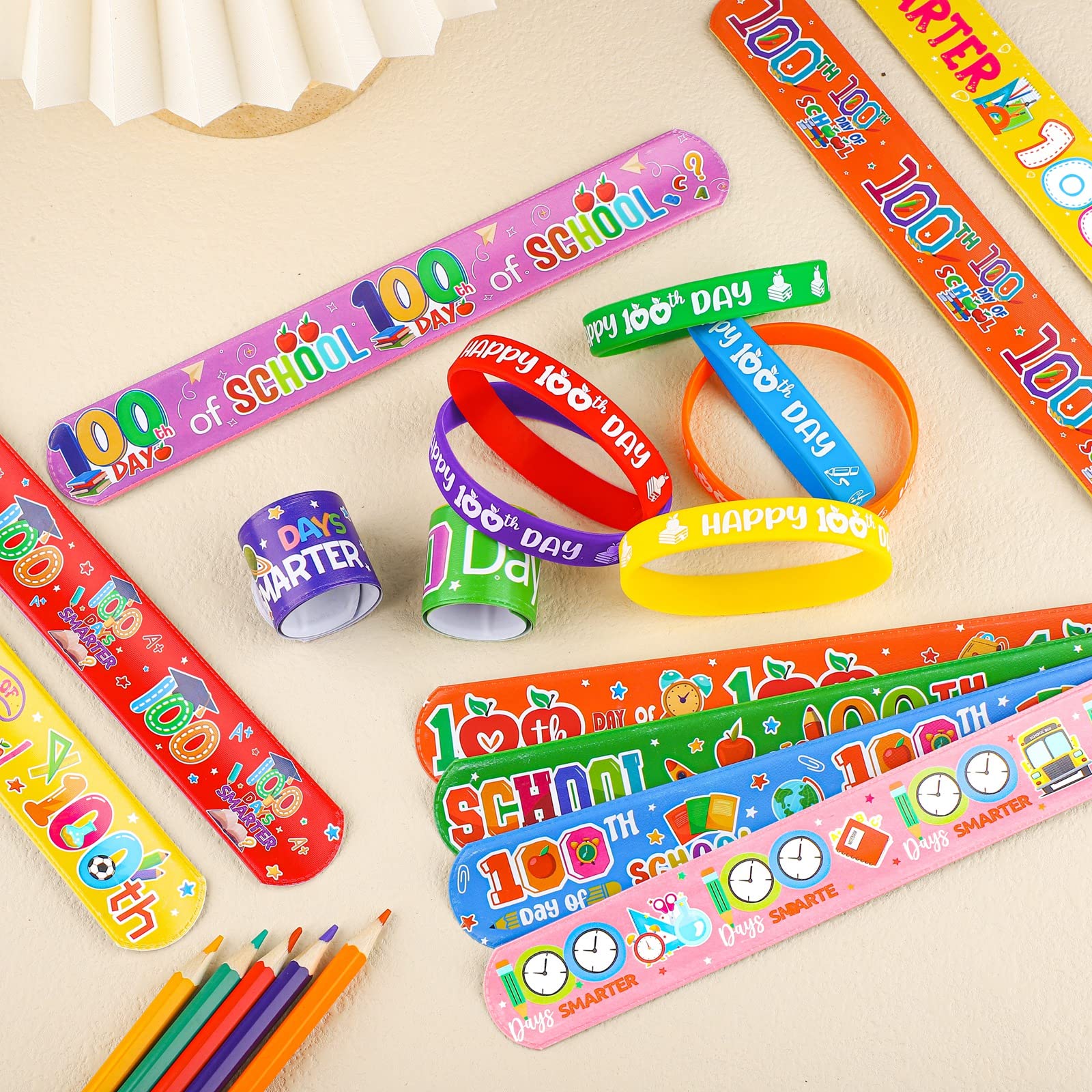 ADXCO 48 Pieces 100th Day of School Slap Bracelets Silicone Wristbands Set School Snap Slip Wristbands Accessories for School Party Favors Classroom Prizes Birthday Gifts, 18 Assorted Styles
